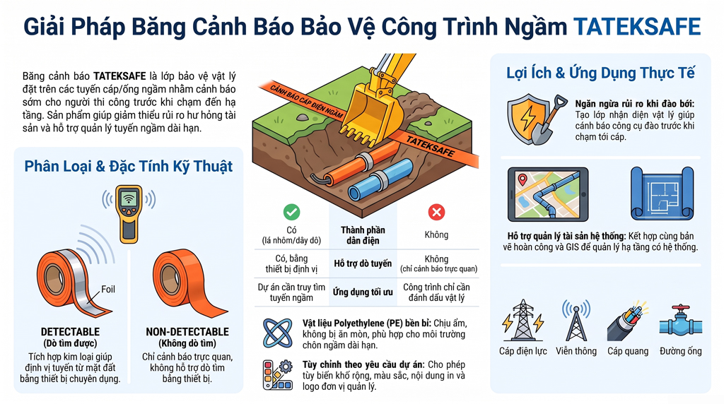 Băng cảnh báo điện ngầm có khả năng dò tìm – Bảo vệ tuyến cáp và đường dây điện ngầm