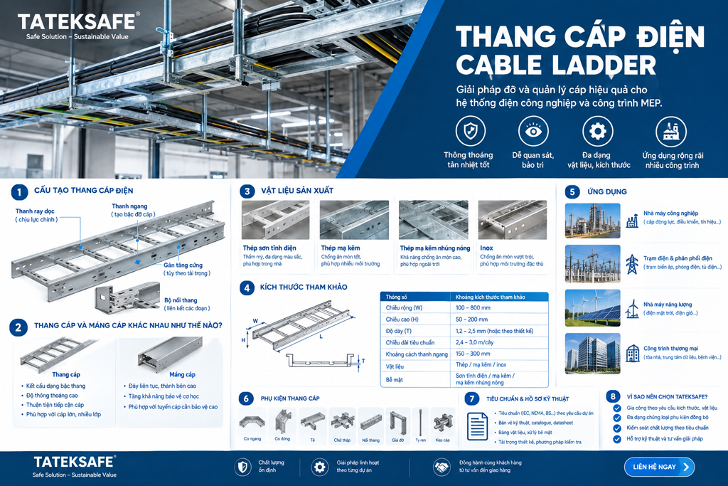 Thang Cáp Điện – Cable Ladder | Kích Thước, Tải Trọng & Vật Liệu