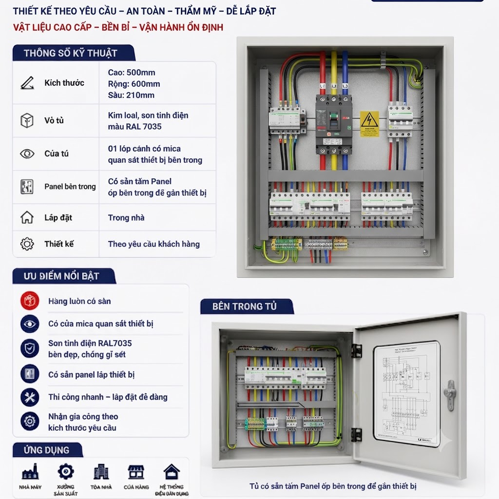 Tủ điện trong nhà cho hệ SoLa IEC-004: Cửa mica quan sát, sẵn panel lắp thiết bị