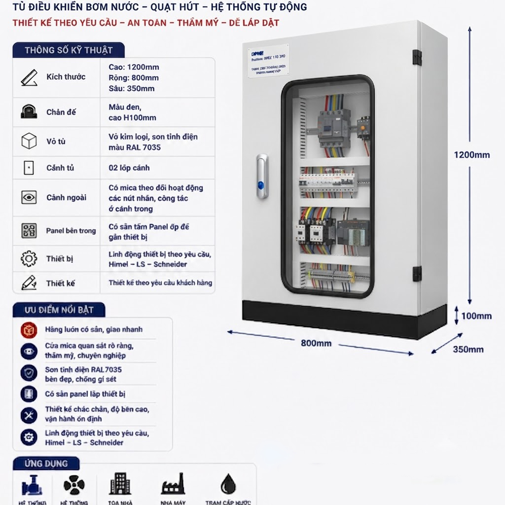 Vỏ tủ điều khiển bơm nước, quạt hút IEC-005: 2 lớp cánh, cửa mica, chân đế H100