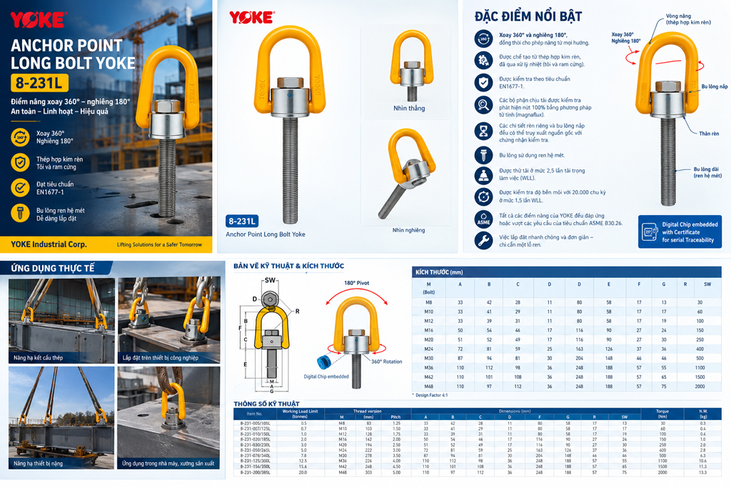 Tai cẩu xoay YOKE 8-231L – Điểm nâng xoay 360°, nghiêng 180°, bu lông dài ren hệ mét