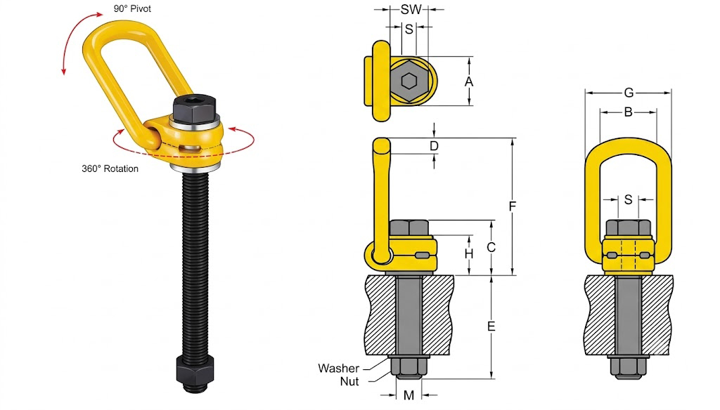 Bu-lông tai cẩu YOKE 8-211L: Tai cẩu xoay 360° bu lông dài, ren M8–M48, WLL 0,3–20 tấn