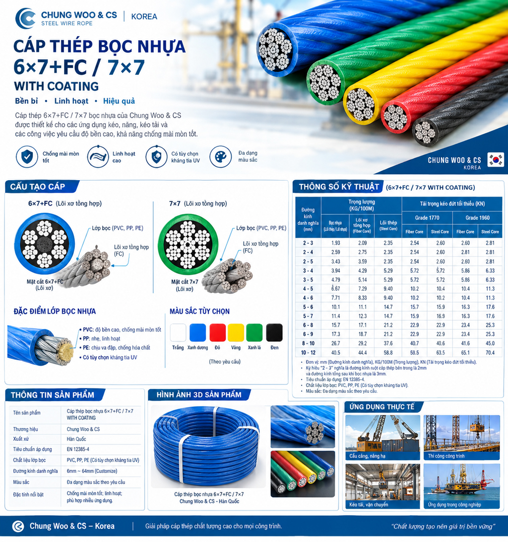 Cáp thép 6x7+FC 7x7 WITH COATING Chung Woo & CS Hàn Quốc