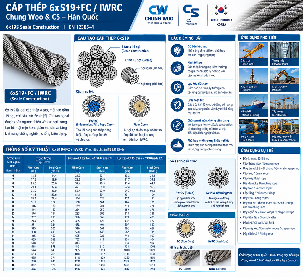 CÁP THÉP CHUNG WOO 6xS19+FC / IWRC – CÁP THÉP CHỊU LỰC, CHỐNG MÀI MÒN CHO CÔNG NGHIỆP