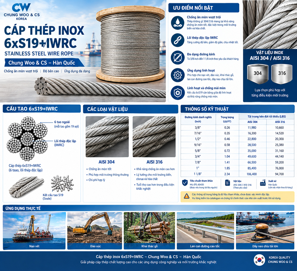 Cáp thép inox Chung Woo 6xS19+IWRC STAINLESS STEEL – Chống ăn mòn