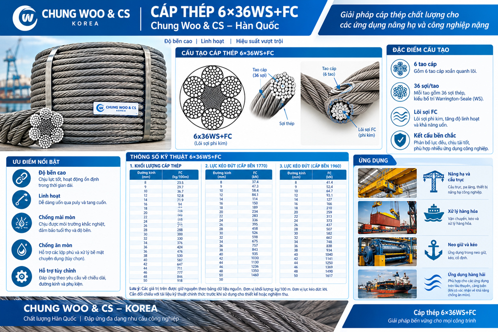 Cáp Thép Cẩu Hàng Lõi Bố 6xWS(36) + FC CHUNG WOO: Giải Pháp Nâng Hạ An Toàn