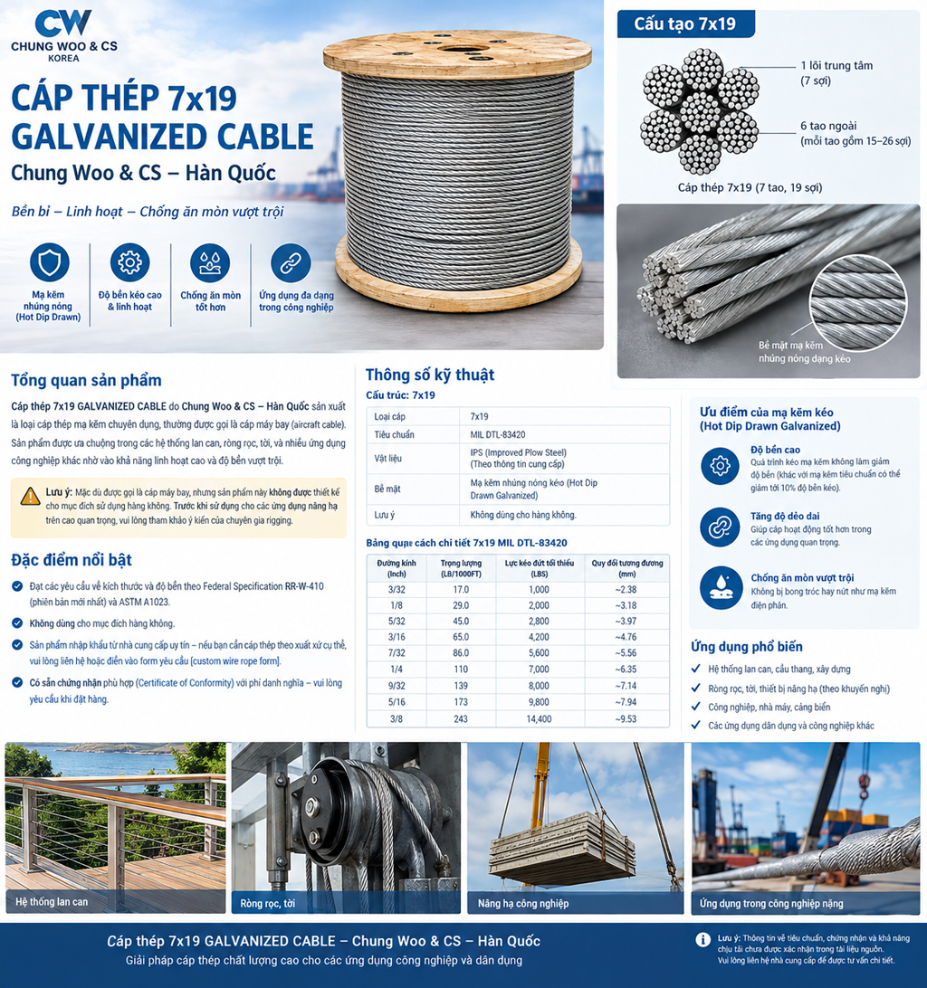 Cáp thép mạ kẽm Chung Woo 7x19 GALVANIZED CABLE – Cáp thép linh hoạt chống ăn mòn