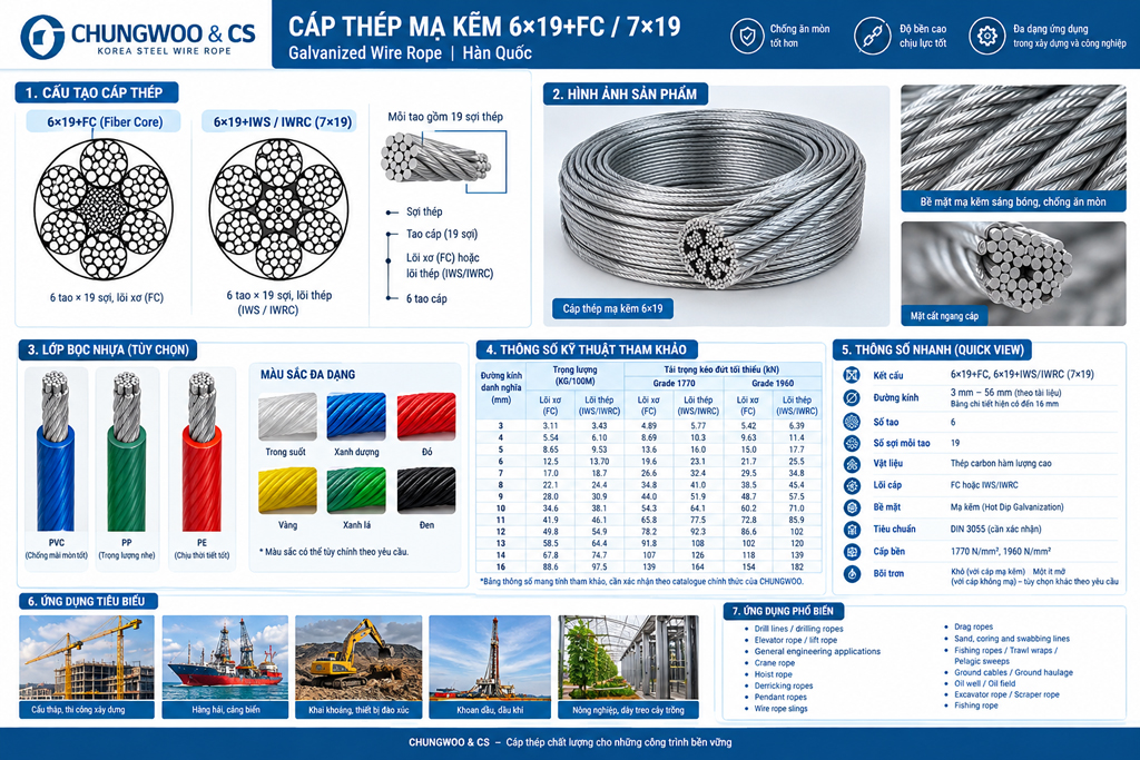 Cáp thép mạ kẽm CHUNGWOO 6×19+FC / 7×19: Hoàn hảo cho các ứng dụng ngoài trời