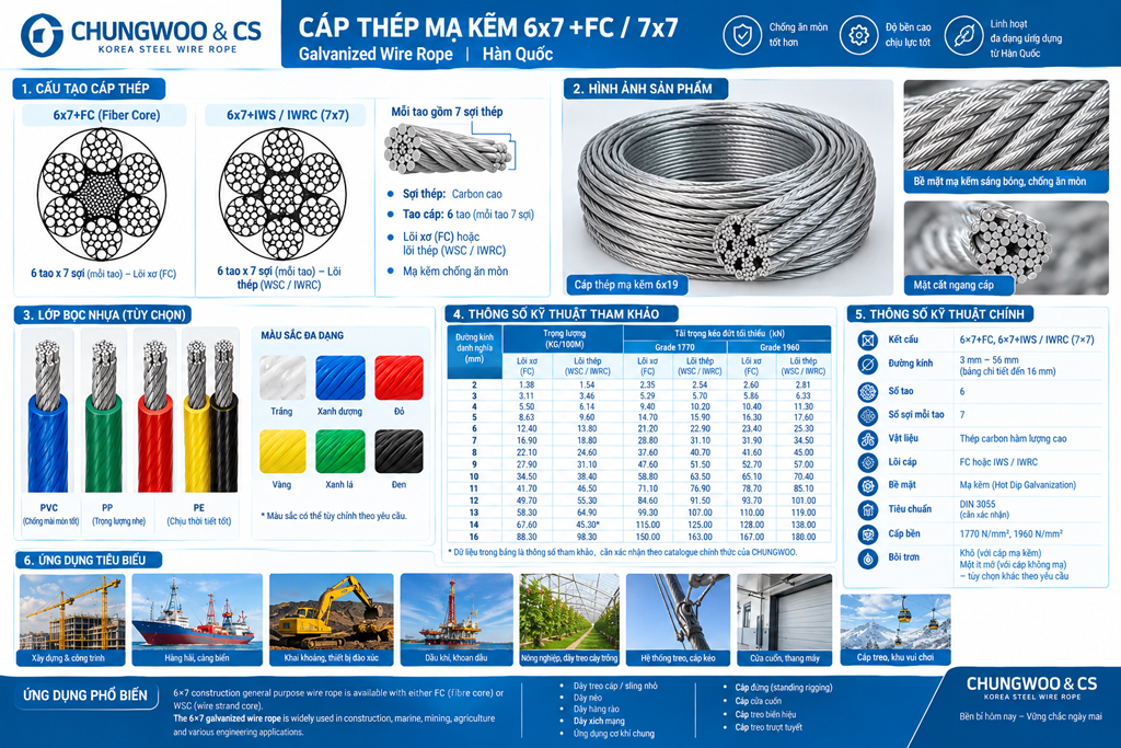 Cáp thép mạ kẽm CHUNG WOO 6×7+FC / 7×7 : Giải pháp nâng hạ cho các ứng dụng ngoài trời