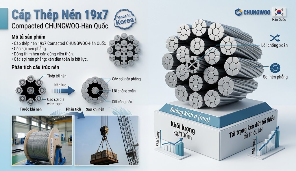 Cáp Thép Nén 19×7 Compacted CHUNGWOO Hàn Quốc – Chống Xoay, Chịu Lực Cao