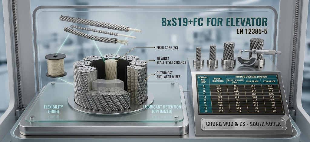 Cáp Thép Thang Máy Chung Woo 8xS19+FC  | Chuẩn EN 12385-5