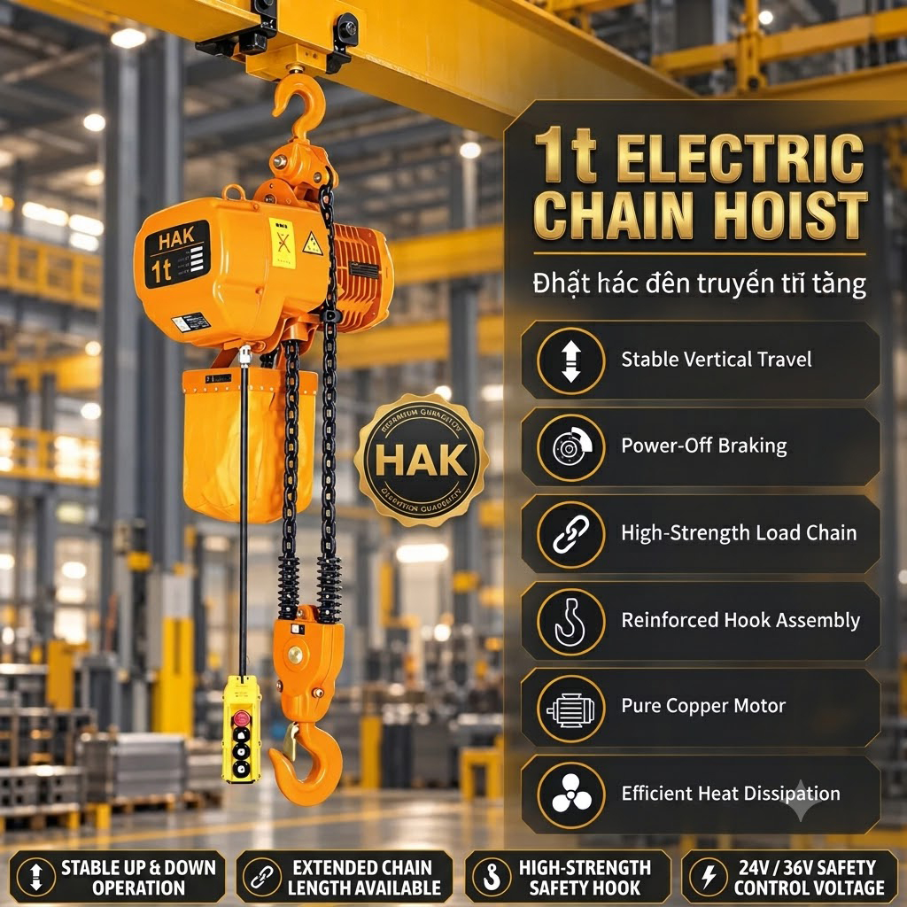 Palang xích điện cố định 1 tấn HAK01-02S – 2 nhánh xích, tốc độ nâng 3,3 m/phút