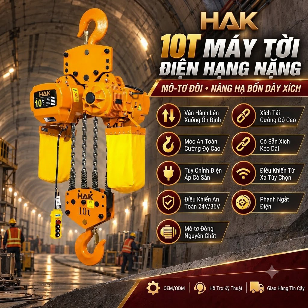 Palang xích điện 10 tấn HAK10-04 – 4 nhánh xích, móc treo cố định, một cấp tốc độ
