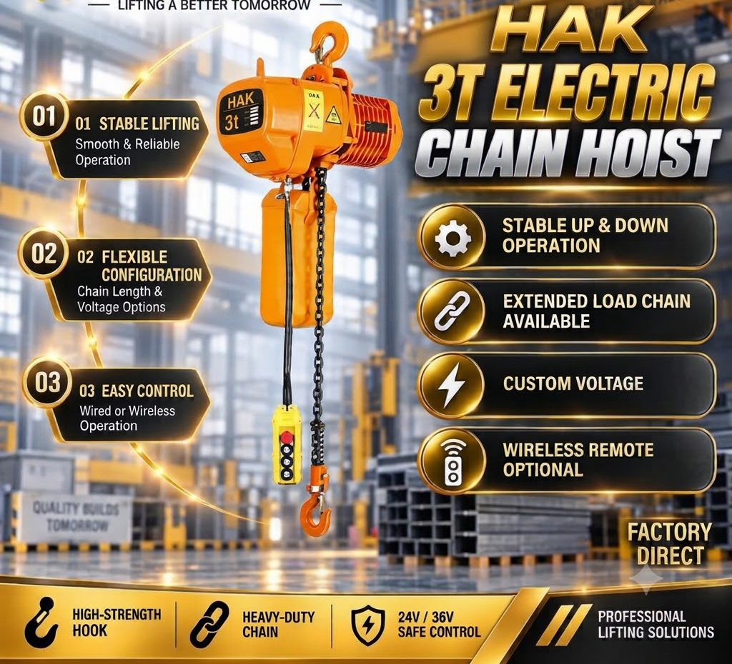 Pa lăng xích điện cố định 3 tấn dây đơn HAK03-01 – Giải pháp nâng hạ cho dây chuyền sản xuất
