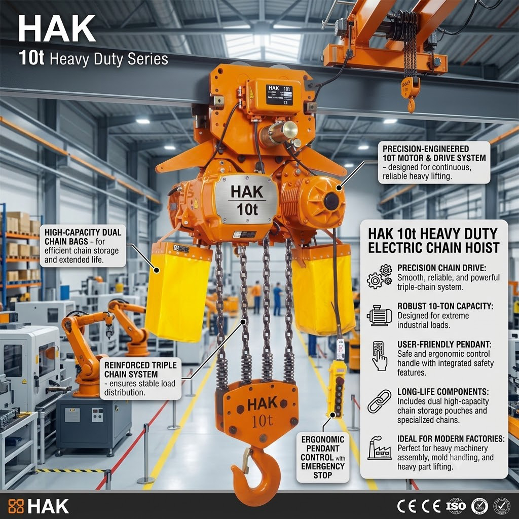Pa lăng xích điện 10 Tấn HAK10M-04 – Giải pháp nâng hạ và di chuyển tải trọng trong nhà xưởng