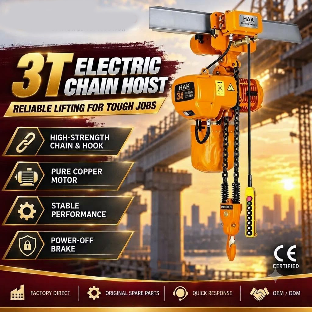 Palang xích điện di chuyển tải trọng 3 tấn HAK03M-02 : Tích hợp con chạy điện, xích đôi
