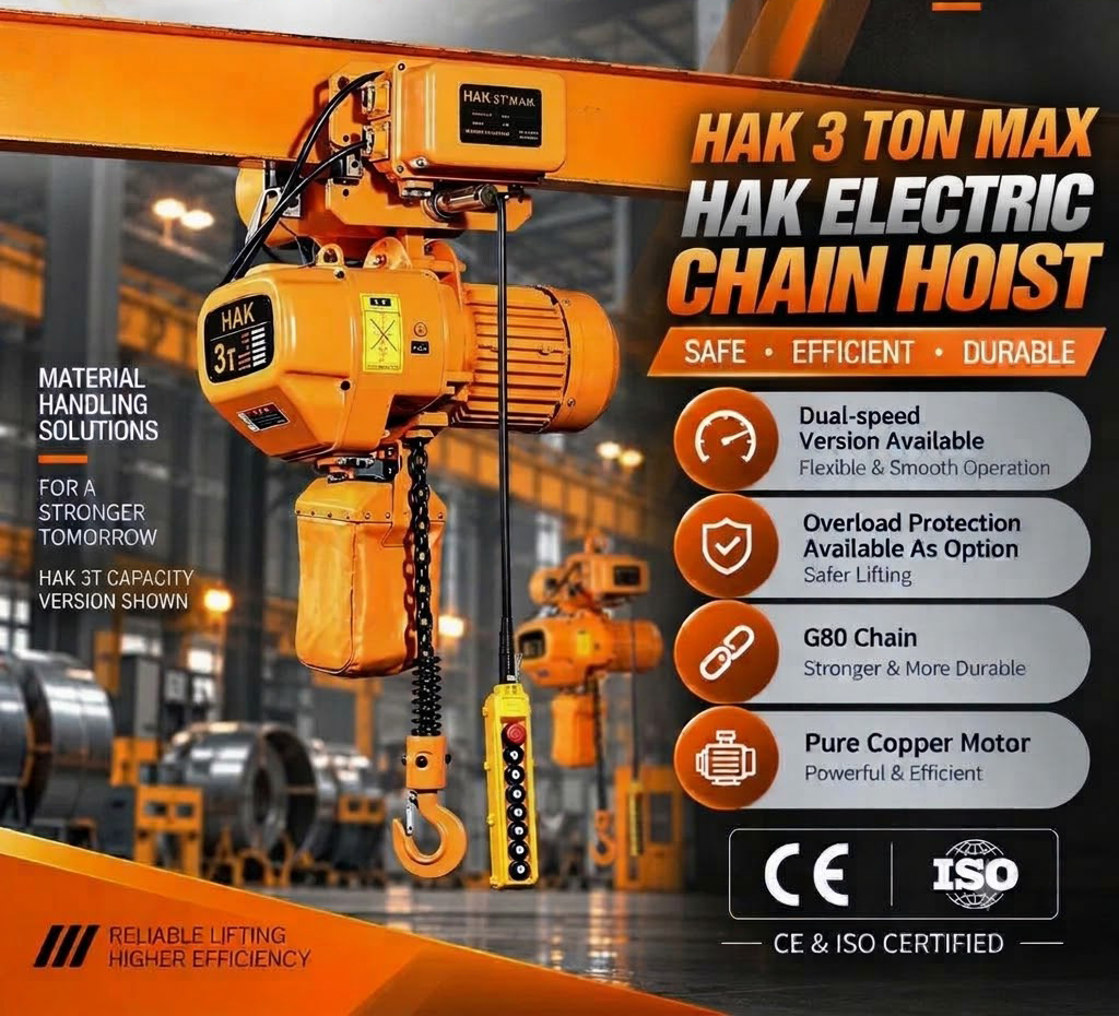 Palang xích điện di chuyển tải trọng 3 tấn HAK03M-01 - Tích hợp con chạy điện, xích đơn