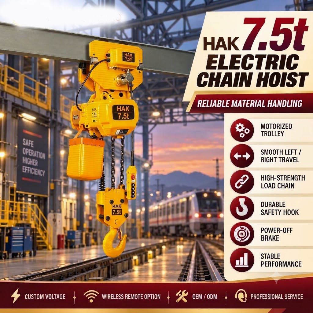 Pa lăng xích điện  7.5 Tấn HAK7.5M-03 – Giải pháp nâng hạ và di chuyển tải trọng trong nhà xưởng