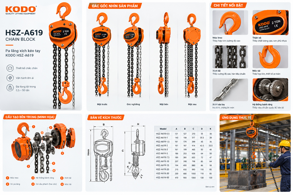 Pa lăng xích kéo tay KODO HSZ-A619 – Thiết bị nâng hạ cơ khí từ 0,5 đến 50 tấn
