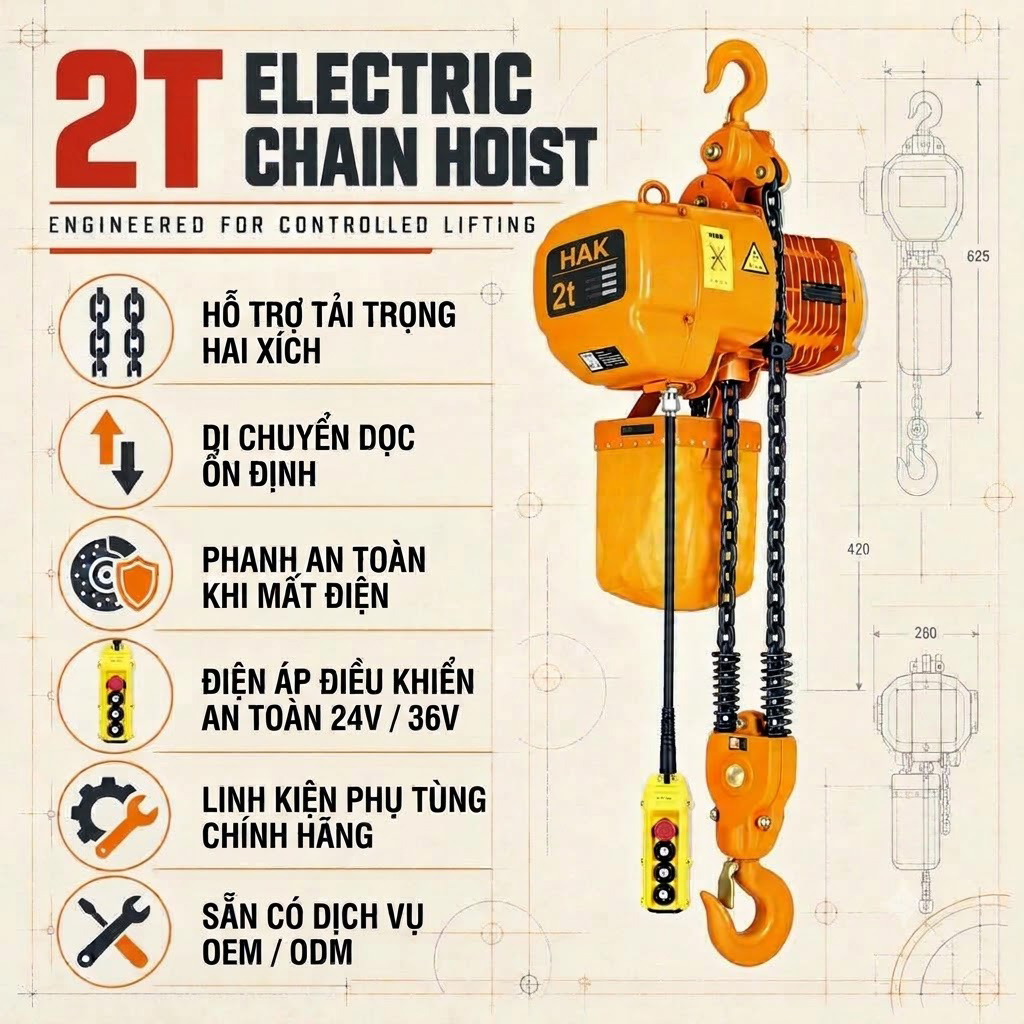 Palang xích điện 2 tấn xích đôi HAK02-02 – Móc treo cố định, nâng hạ vật liệu dây chuyền sản xuất