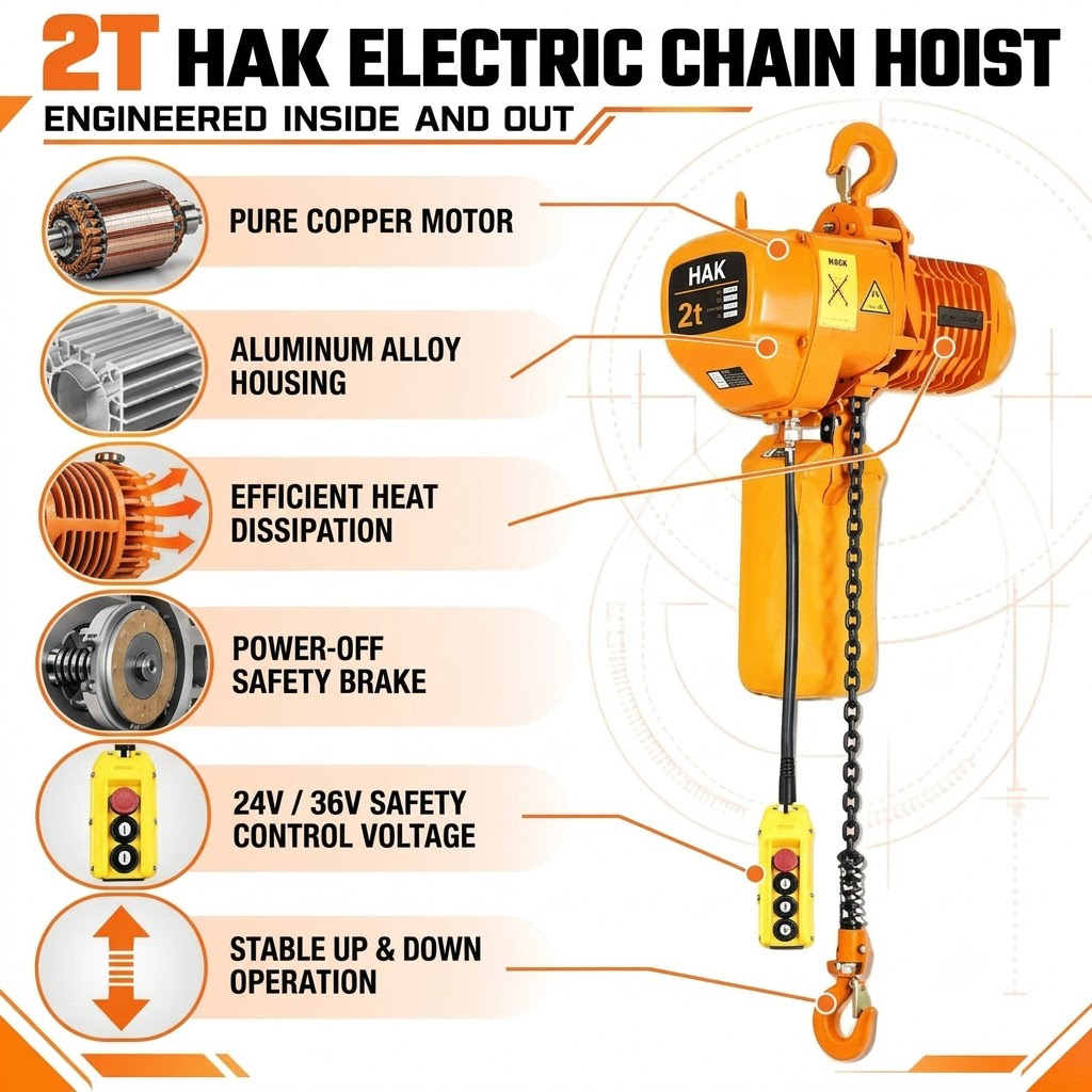 Palang xích điện 2 tấn xích đơn HAK02-01 – Giải pháp nâng hạ cho dây chuyền sản xuất và nhà xưởng