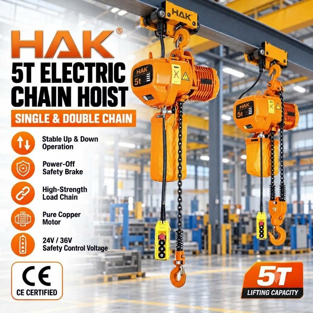 Palang xích điện móc treo cố định HAK05-02S – 5 tấn, hai nhánh xích 1 cấp tốc độ