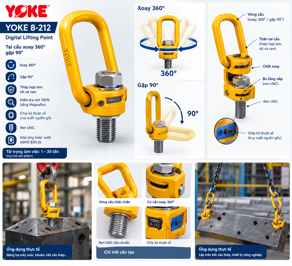 Tai cẩu nâng ren hệ inch YOKE 8-212 – Vòng xoay 360°, gập 90°, ren 1/2"–2", WLL đến 20 tấn
