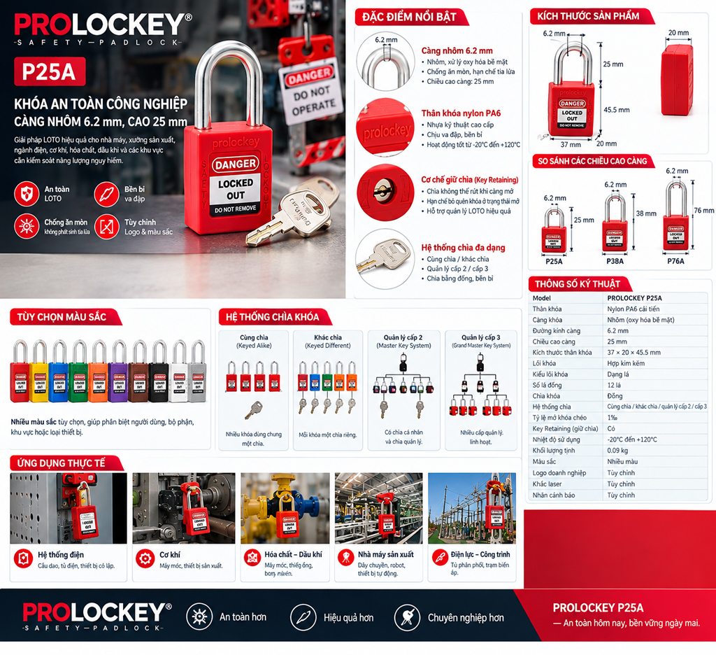 PROLOCKEY P25A – Ổ khóa an toàn LOTO càng nhôm 6.2 mm, cao 25 mm