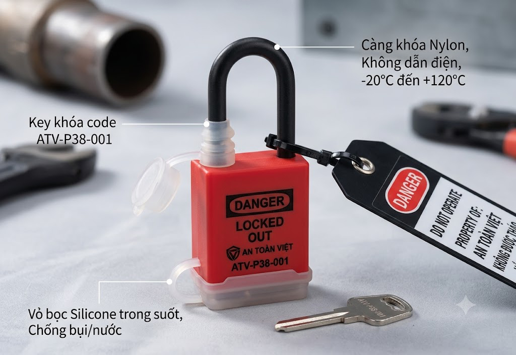 Khóa treo an toàn chống bụi PROLOCKEY P38PR2 – Nắp silicone trong suốt, càng nylon Ø6,2 mm