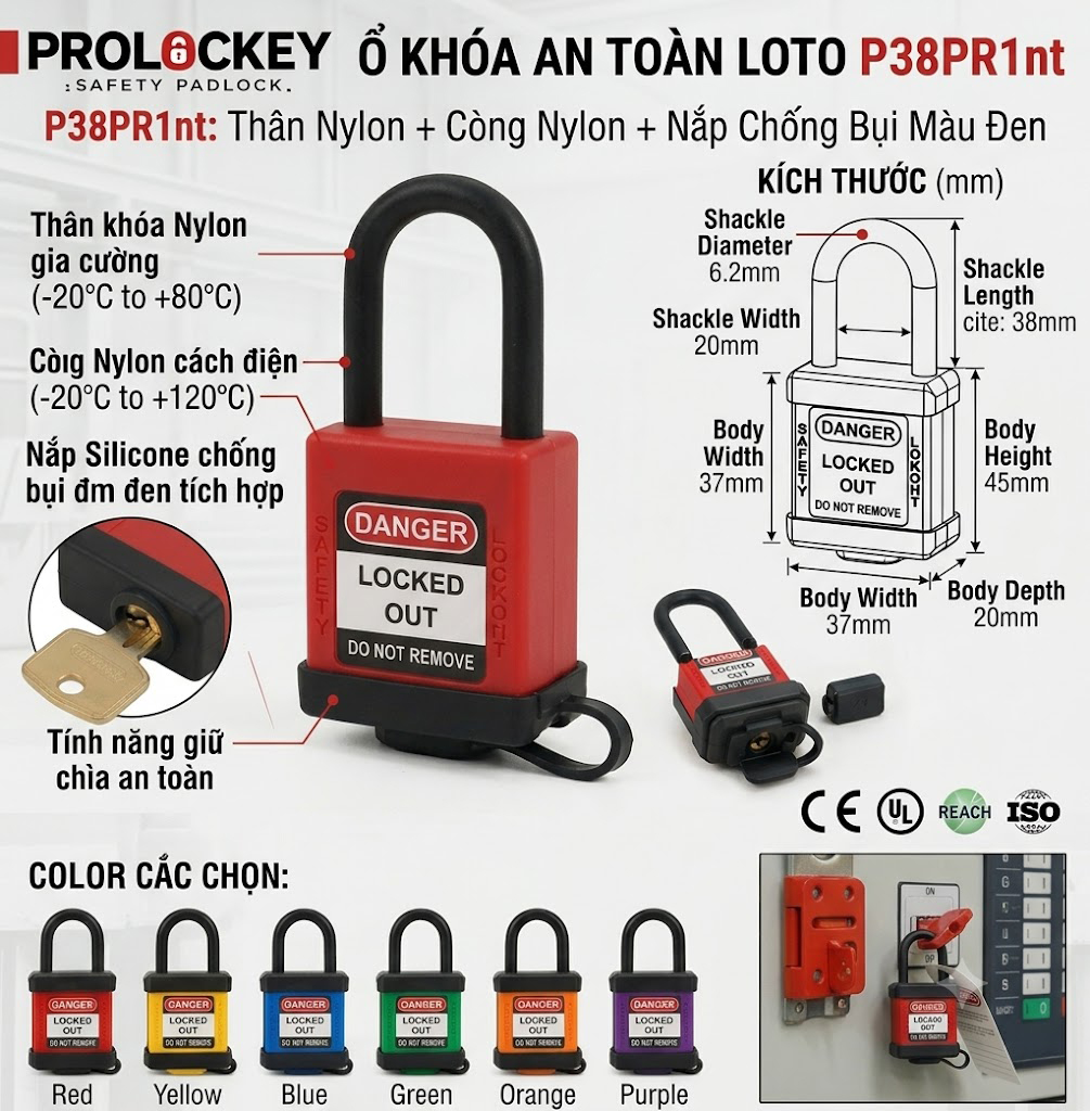 Khóa LOTO PROLOCKEY P38PR1 – Khóa an toàn càng nylon ngắn 38mm, nắp silicone đen chống bụi