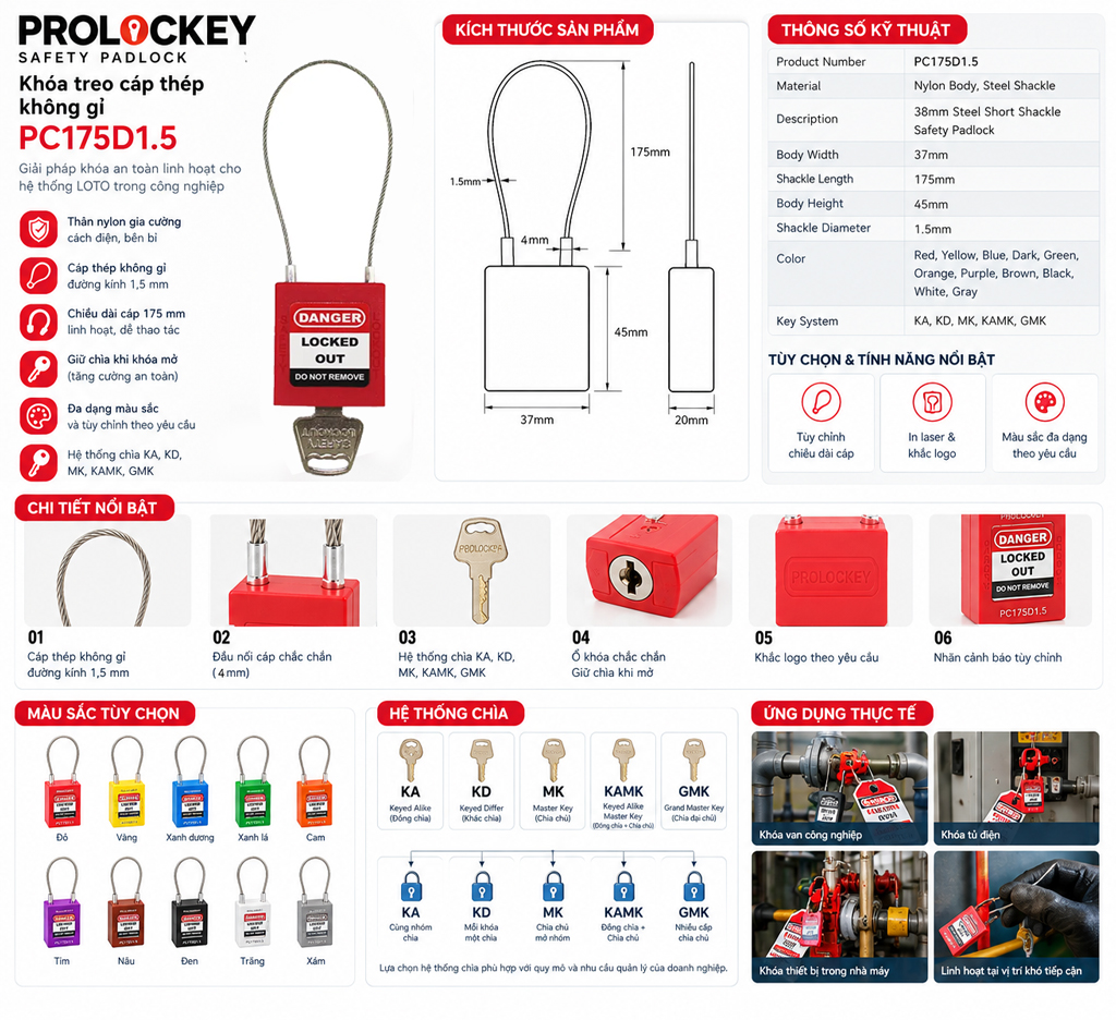Ổ khóa LOTO cáp thép không gỉ PROLOCKEY PC175D1.5 – Cáp Ø1,5 mm, dài 175 mm