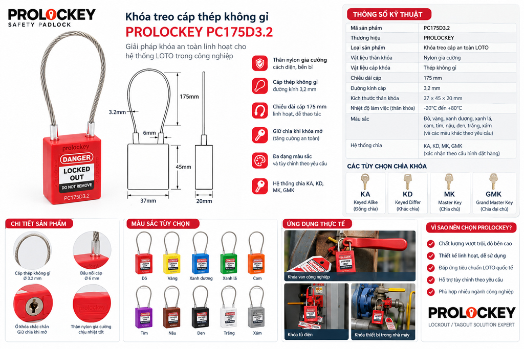 Ổ khóa LOTO cáp thép không gỉ PROLOCKEY PC175D3.2 – Cáp Ø3.2 mm, dài 175 mm