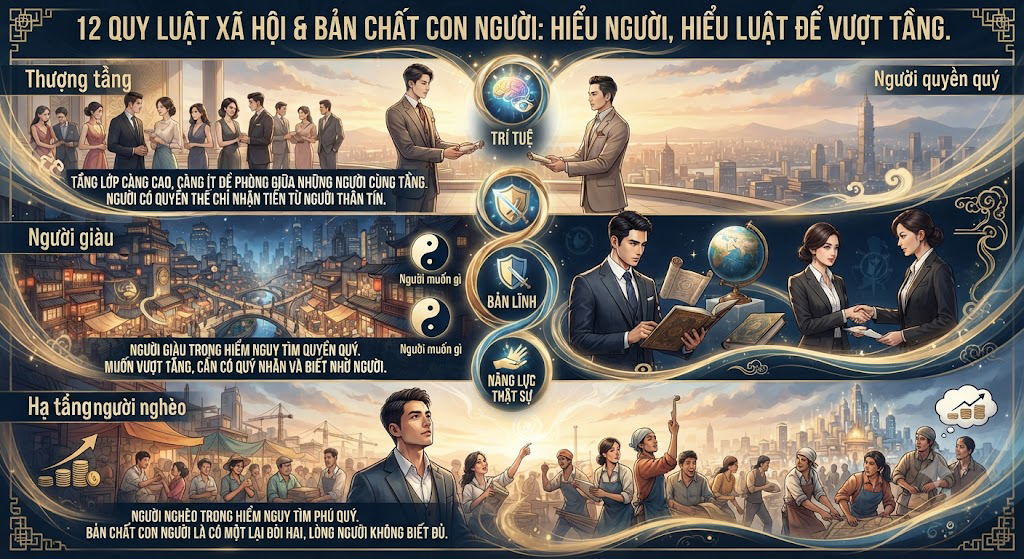 12 QUY LUẬT XÃ HỘI & BẢN CHẤT CON NGƯỜI: HIỂU NGƯỜI, HIỂU LUẬT ĐỂ VƯỢT TẦNG ♟️✨