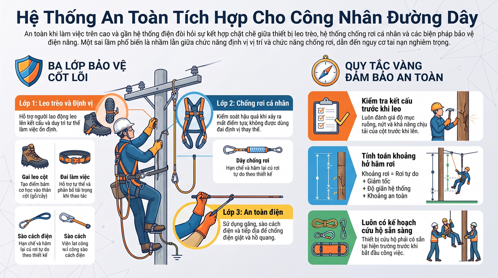Thiết bị leo trèo, chống rơi và PPE an toàn điện cho công nhân đường dây