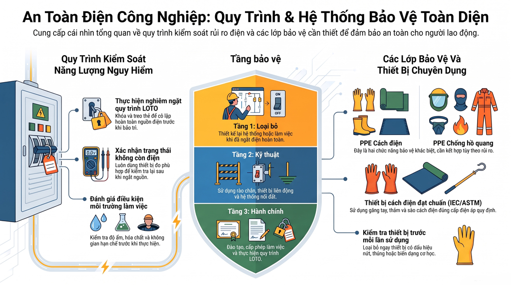 An toàn điện công nghiệp: Quy trình, PPE và thiết bị bảo vệ điện