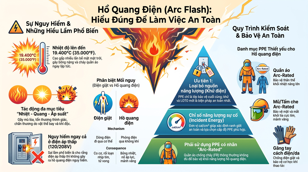 Hồ quang điện là gì? Arc Flash, nguyên nhân, nguy hiểm và cách phòng chống