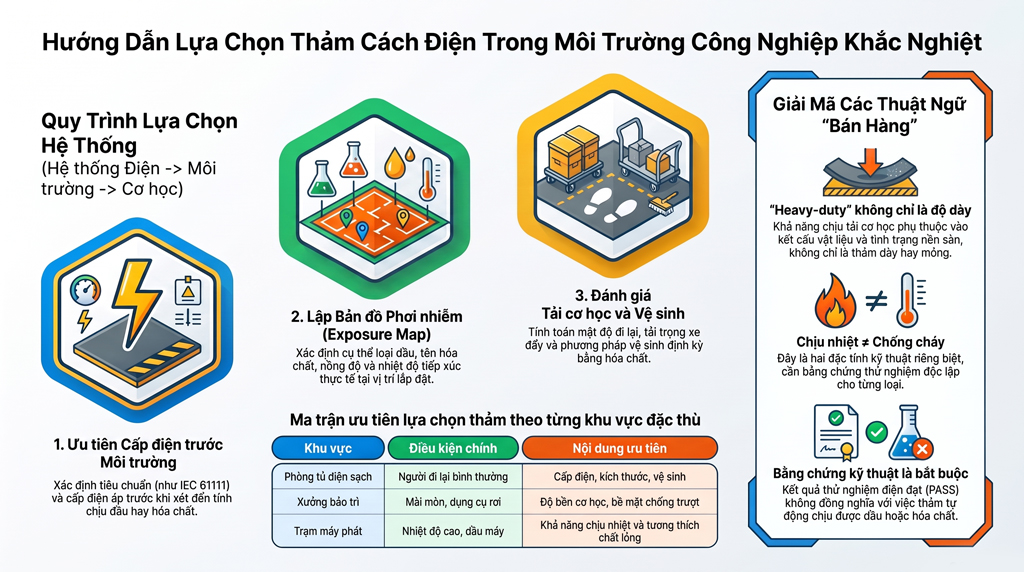Thảm Cách Điện Công Nghiệp Khắc Nghiệt: Hướng Dẫn Chọn Theo Điều Kiện Làm Việc