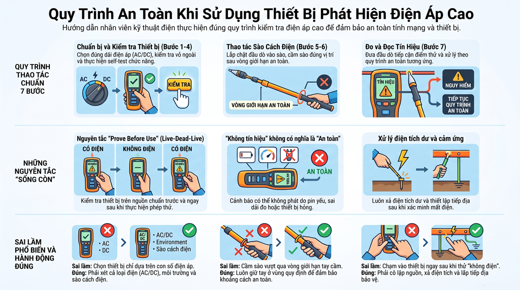 Cách sử dụng thiết bị phát hiện điện áp cao an toàn: Quy trình kiểm tra và các lưu ý quan trọng