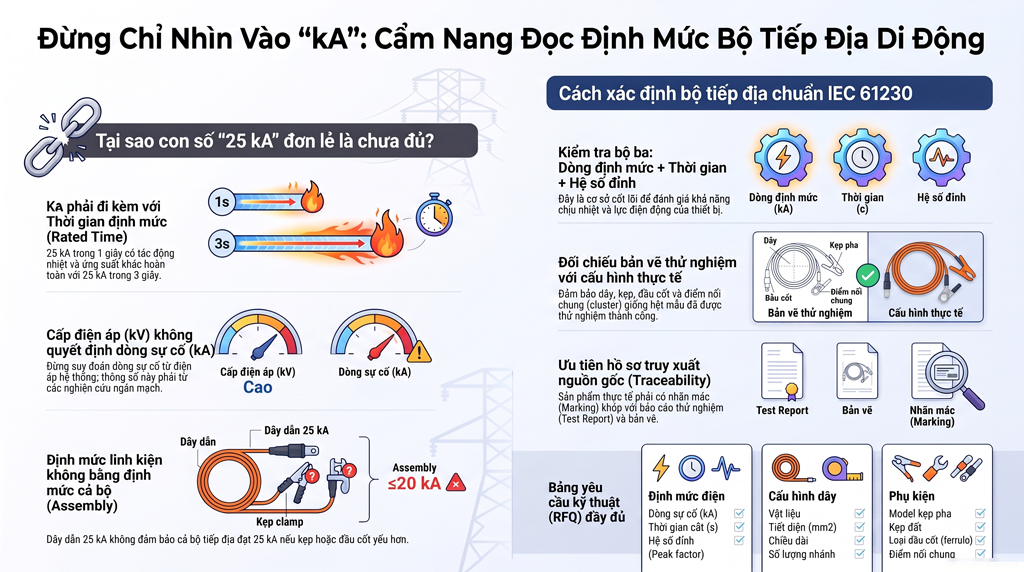 Định mức kA bộ tiếp địa di động: Dòng sự cố, thời gian và IEC 61230