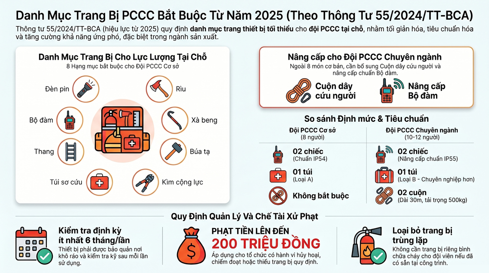 Danh mục trang bị bắt buộc cho lực lượng PCCC tại chỗ theo Thông tư 55/2024/TT-BCA: Tiêu chuẩn mới từ 2025