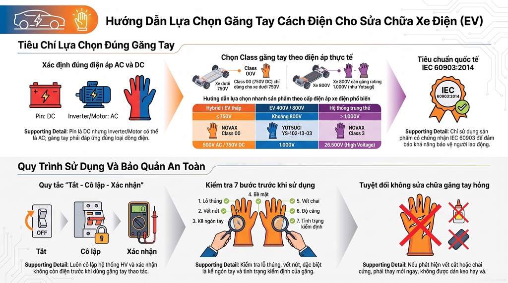 Găng tay cách điện cho kỹ thuật viên ô tô điện: Chọn theo điện áp AC/DC
