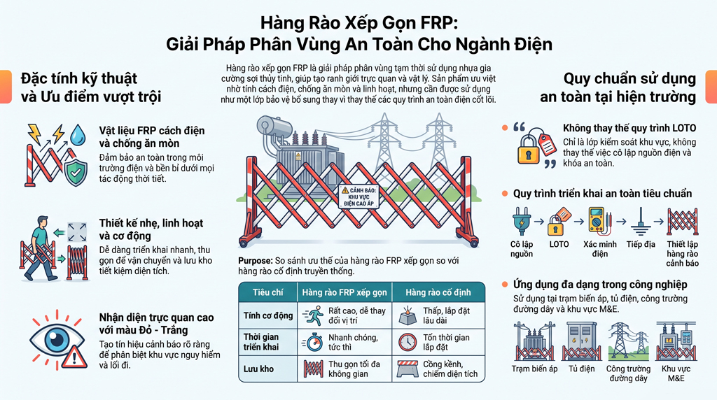 Hàng rào xếp gọn FRP là gì? Giải pháp phân vùng an toàn cho trạm điện và công trường điện