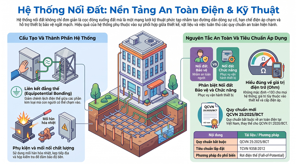 Hệ Thống Nối Đất Là Gì? Cấu Tạo, Đo Điện Trở & Tiêu Chuẩn An Toàn