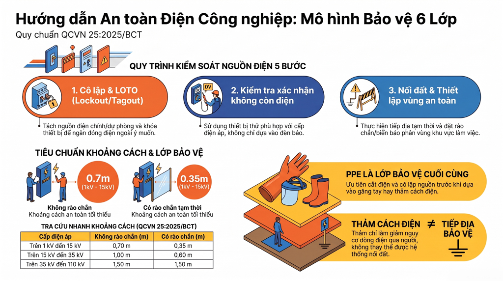 An toàn điện công nghiệp: Quy chuẩn, khoảng cách an toàn và LOTO
