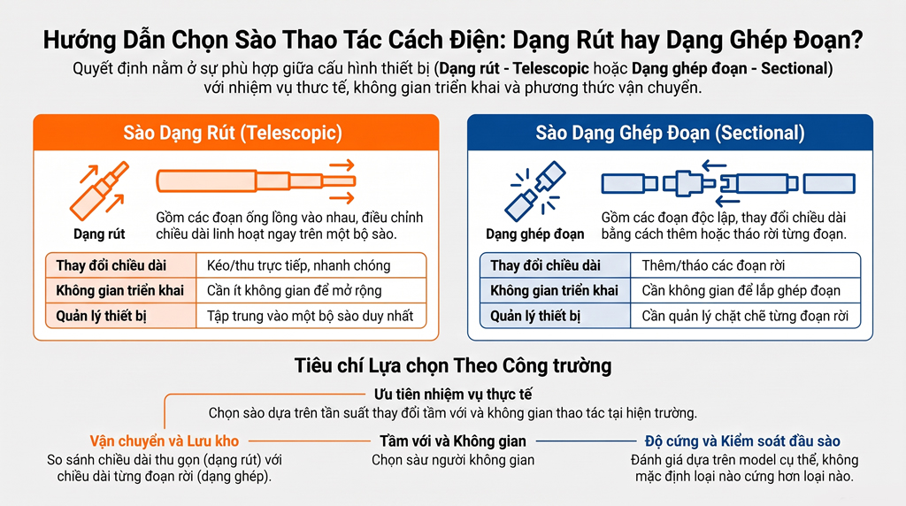 Hướng dẫn chọn sào thao tác cách điện: Dạng rút hay dạng ghép đoạn