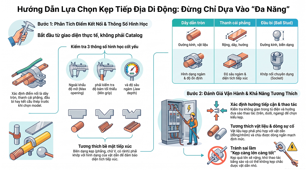 Các Loại Kẹp Tiếp Địa: Cách Lựa Chọn Theo Thanh Cái, Dây Dẫn và Điểm Tiếp Địa