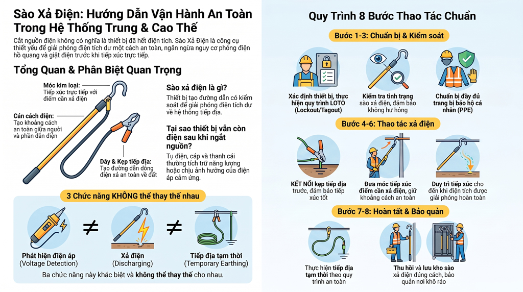 Sào xả điện là gì? Hướng dẫn sử dụng sào phóng điện an toàn cho thiết bị trung và cao thế