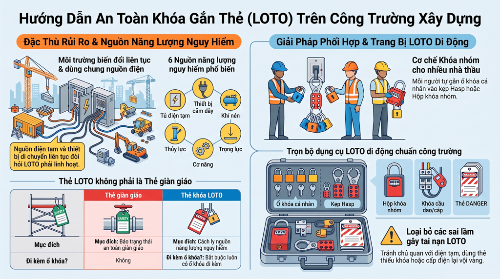 Khóa gắn thẻ (LOTO) trên công trường xây dựng