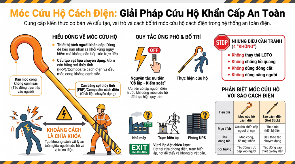 Móc cứu hộ cách điện là gì? Cấu tạo, ứng dụng, cách lựa chọn và bố trí trong hệ thống điện
