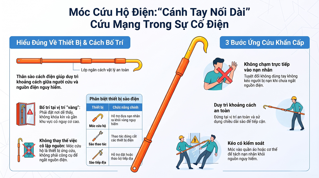 Móc cứu hộ điện là gì? Yêu cầu lựa chọn, bố trí và sử dụng trong môi trường điện cao áp